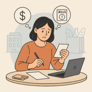 illustration of a woman reviewing her bills and budgeting while living paycheck to paycheck