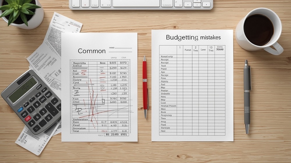 Overhead view of a desk with messy budget papers on one side and a neat budget sheet with a calculator and coffee cup on the other