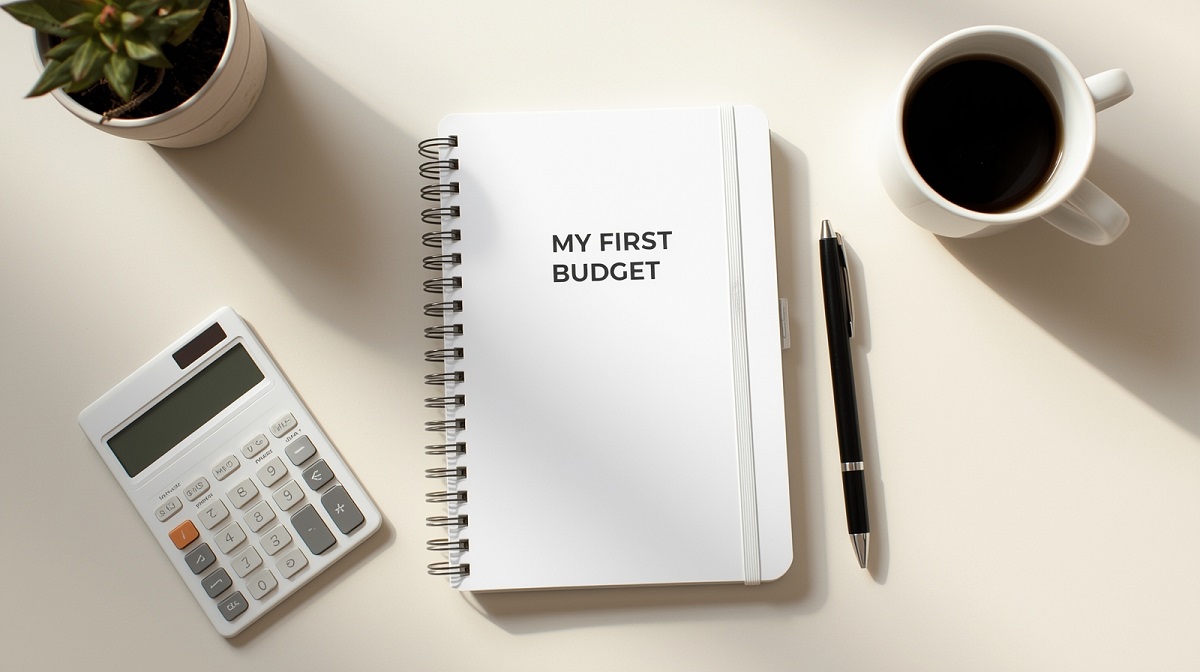Notebook titled ‘My First Budget’ on a desk with a calculator, pen, and coffee